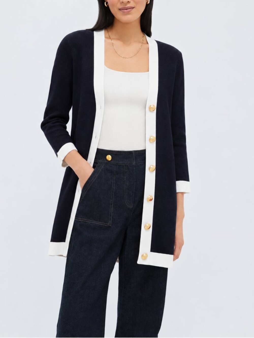 Tuckernuck Knit Liv Cardigan Midnight Navy with White Trim  XS  NWT